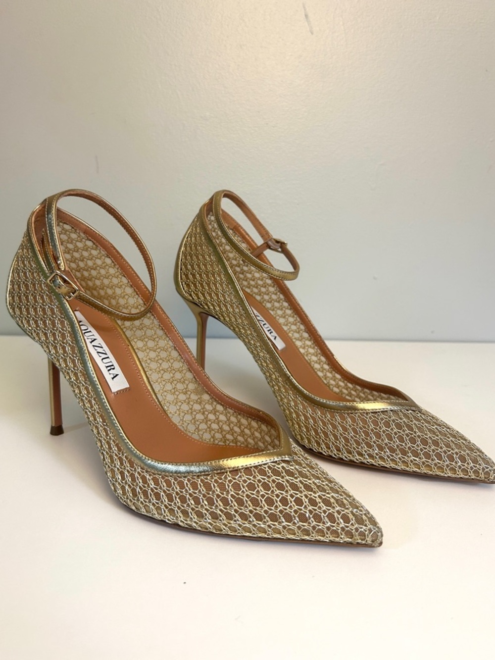 Aquazzura Asha Mesh Pump 85 Metallic Gold Pointed Toe AUTHENTIC - Picture 4 of 11